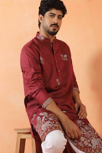 Cotton silk ethnic motifs embroidered maroon kurta