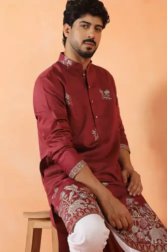Cotton silk ethnic motifs embroidered maroon kurta