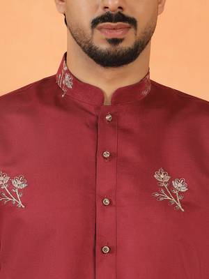 Cotton silk ethnic motifs embroidered maroon kurta 2