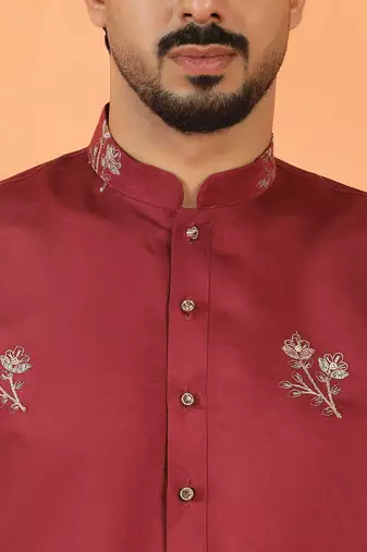 Cotton silk ethnic motifs embroidered maroon kurta