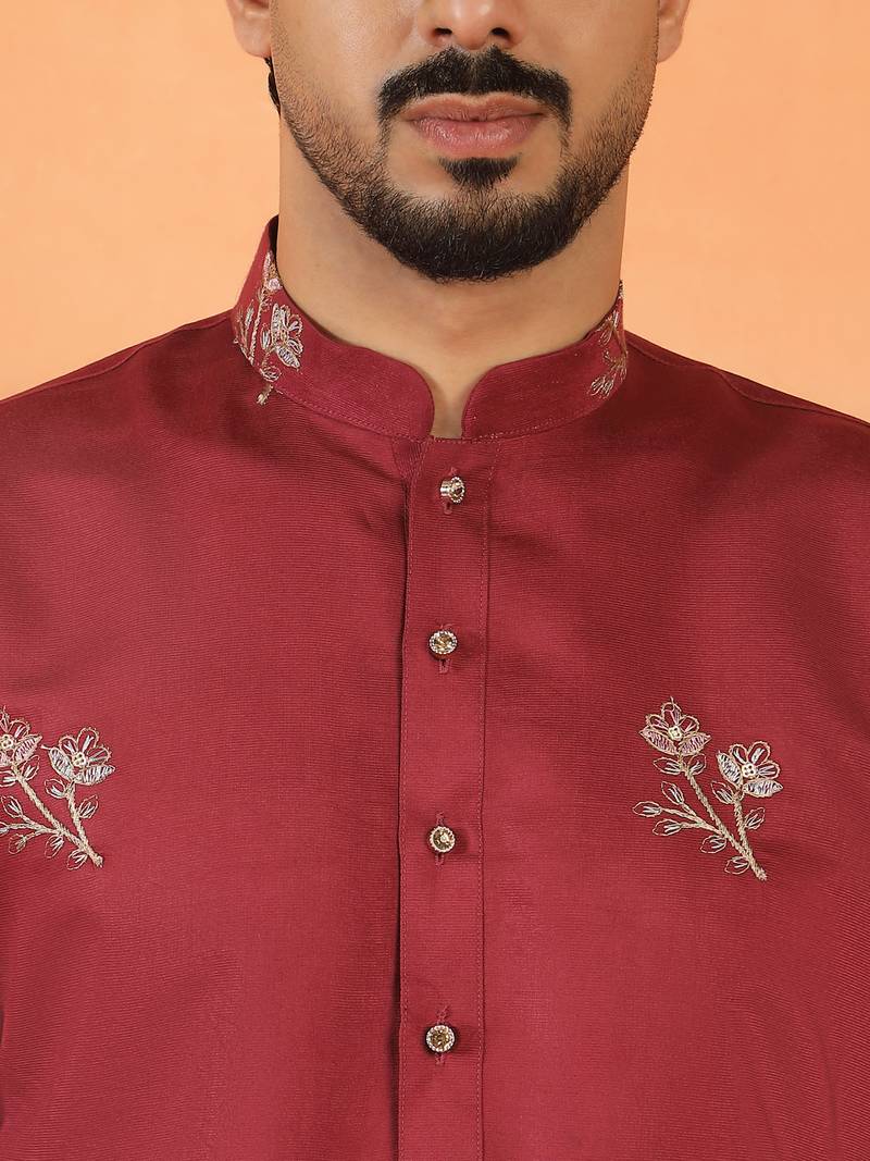 Cotton silk ethnic motifs embroidered maroon kurta