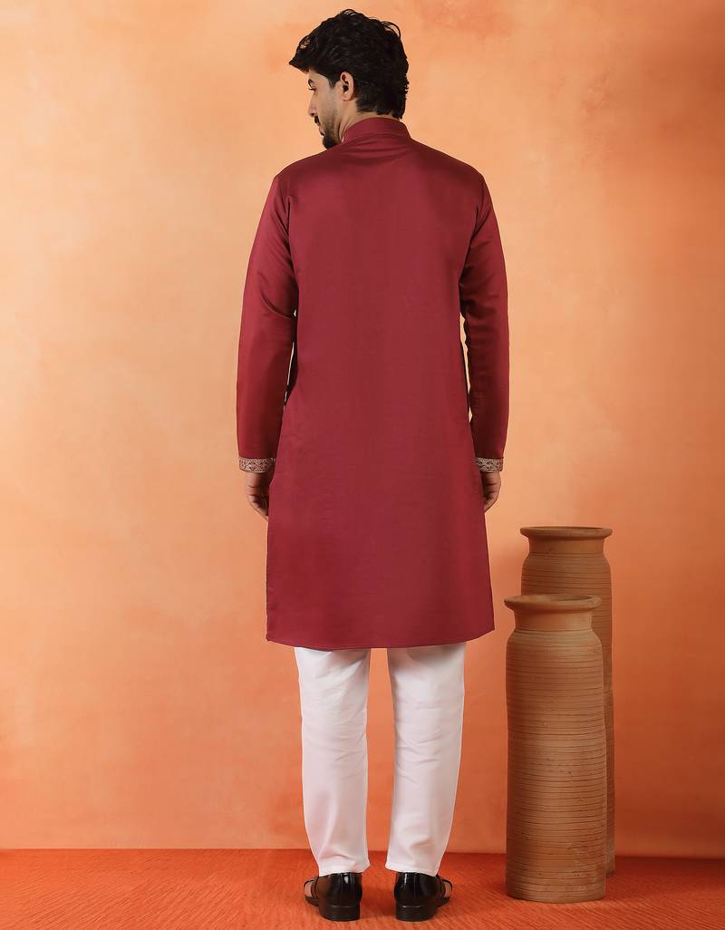 Cotton silk ethnic motifs embroidered maroon kurta