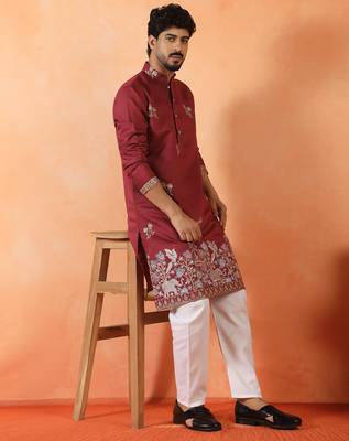 Cotton silk ethnic motifs embroidered maroon kurta 4