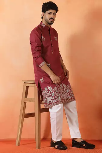 Cotton silk ethnic motifs embroidered maroon kurta