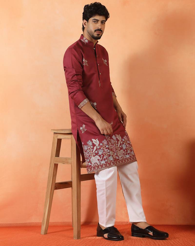 Cotton silk ethnic motifs embroidered maroon kurta