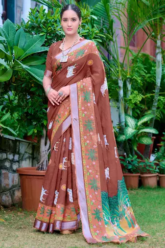 brown cotton blend saree floral border print