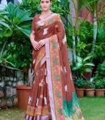 brown cotton blend saree floral border print