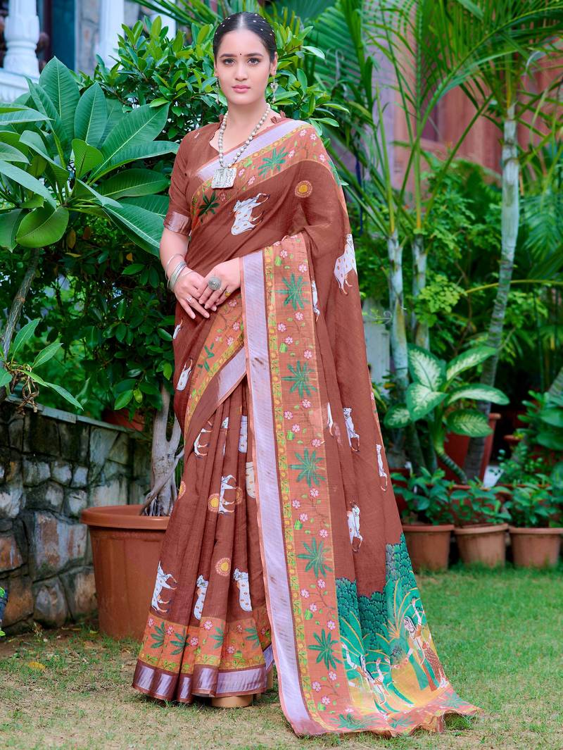brown cotton blend saree floral border print
