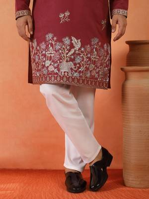Cotton silk ethnic motifs embroidered maroon kurta 5