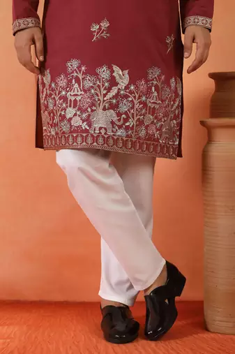 Cotton silk ethnic motifs embroidered maroon kurta