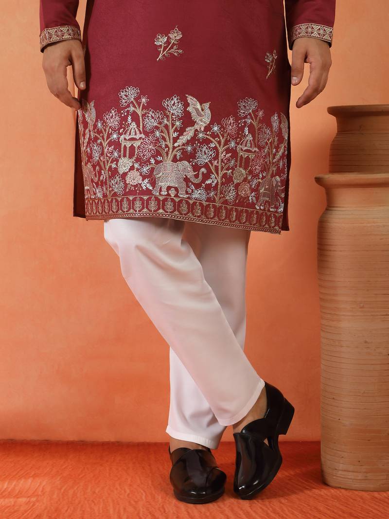Cotton silk ethnic motifs embroidered maroon kurta