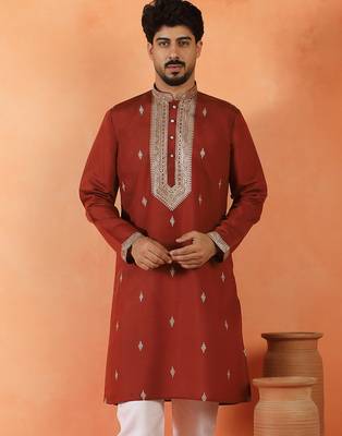 Cotton silk yoke design embroidered maroon kurta 1