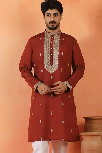 Cotton silk yoke design embroidered maroon kurta