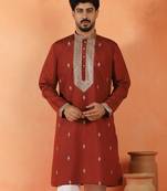 Cotton silk yoke design embroidered maroon kurta