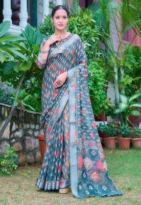 teal multicolor cotton blend saree with floral print 1