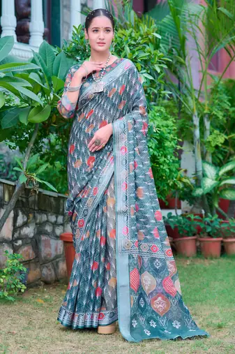 teal multicolor cotton blend saree with floral print