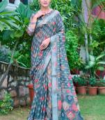 teal multicolor cotton blend saree with floral print