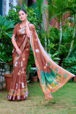 brown cotton blend saree floral border print 2