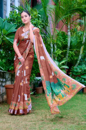 brown cotton blend saree floral border print
