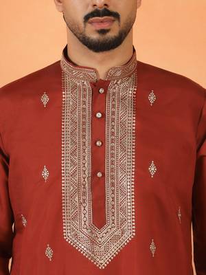 Cotton silk yoke design embroidered maroon kurta 2