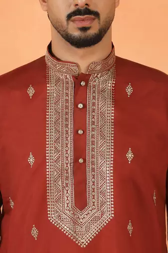 Cotton silk yoke design embroidered maroon kurta