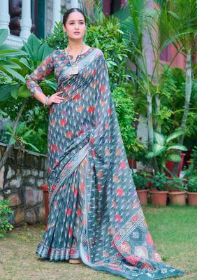teal multicolor cotton blend saree with floral print 2