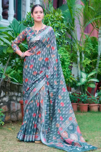 teal multicolor cotton blend saree with floral print
