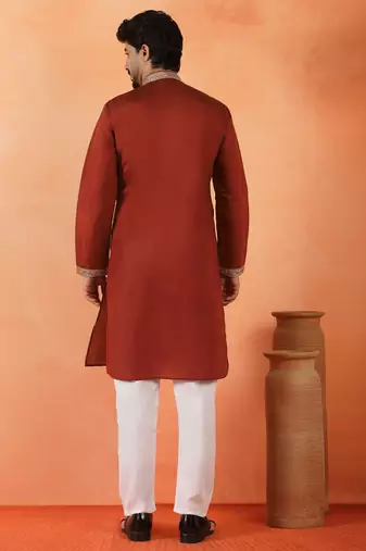 Cotton silk yoke design embroidered maroon kurta