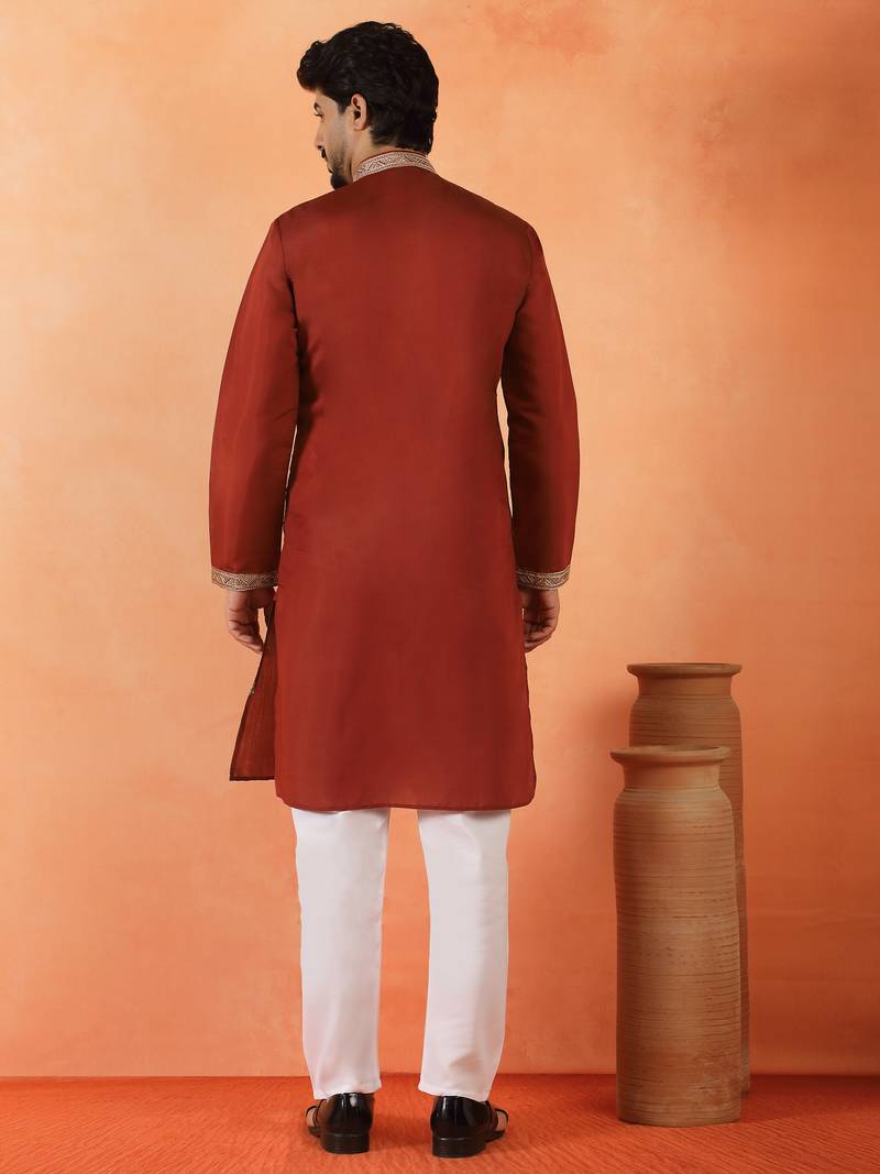 Cotton silk yoke design embroidered maroon kurta