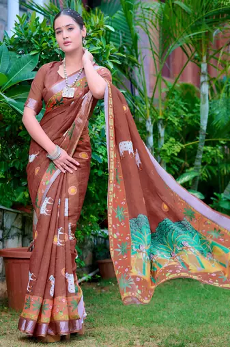 brown cotton blend saree floral border print
