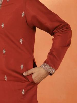 Cotton silk yoke design embroidered maroon kurta 4