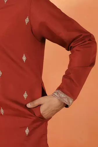 Cotton silk yoke design embroidered maroon kurta