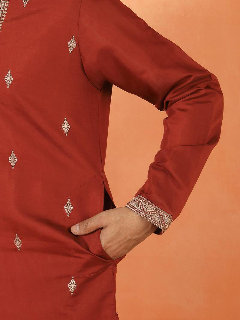 Cotton silk yoke design embroidered maroon kurta