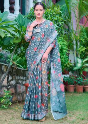 teal multicolor cotton blend saree with floral print 3