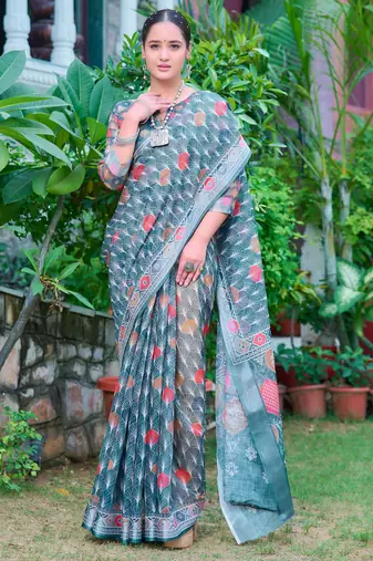 teal multicolor cotton blend saree with floral print