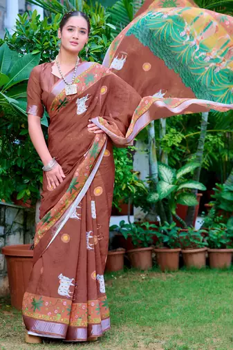 brown cotton blend saree floral border print
