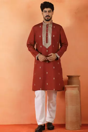Cotton silk yoke design embroidered maroon kurta