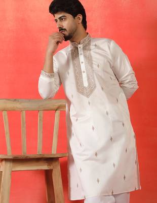 Cotton silk yoke design embroidered white kurta 1