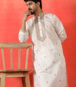 Cotton silk yoke design embroidered white kurta