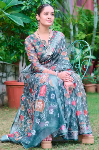 teal multicolor cotton blend saree with floral print