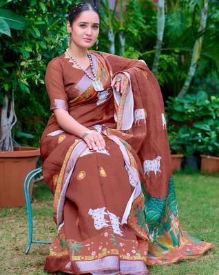 brown cotton blend saree floral border print 5