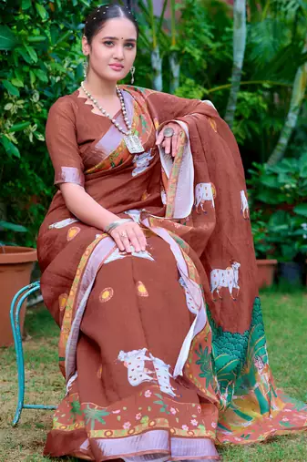 brown cotton blend saree floral border print