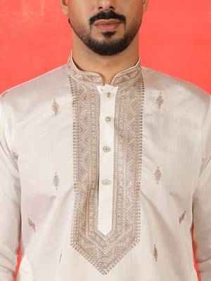 Cotton silk yoke design embroidered white kurta 2