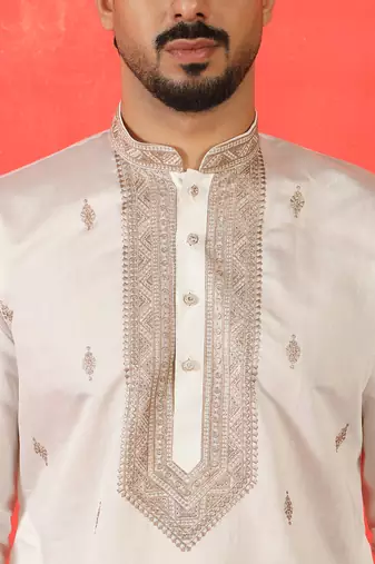 Cotton silk yoke design embroidered white kurta