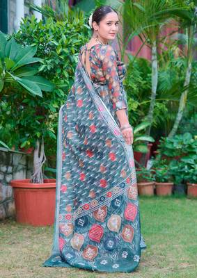 teal multicolor cotton blend saree with floral print 5