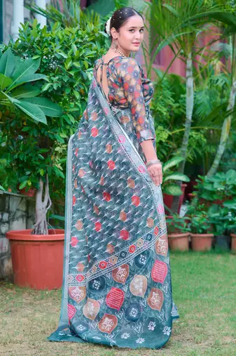 teal multicolor cotton blend saree with floral print