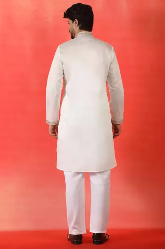 Cotton silk yoke design embroidered white kurta