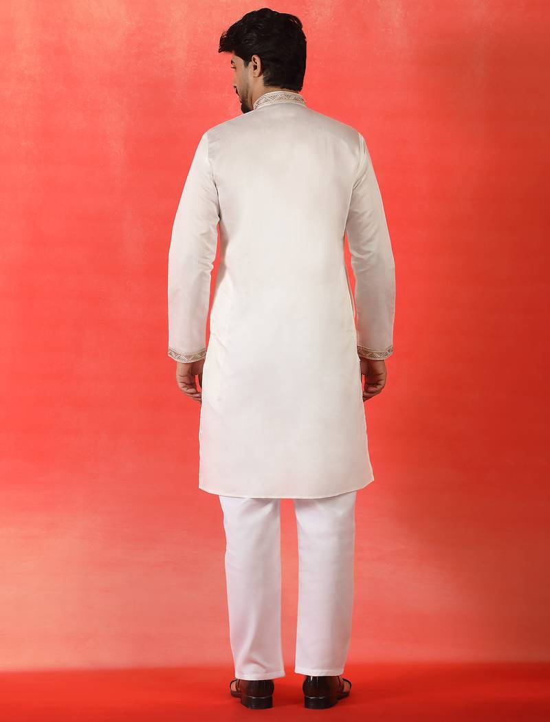 Cotton silk yoke design embroidered white kurta