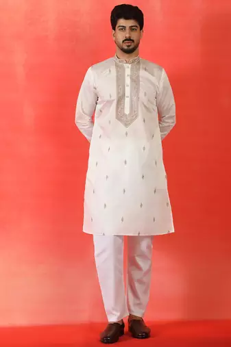 Cotton silk yoke design embroidered white kurta