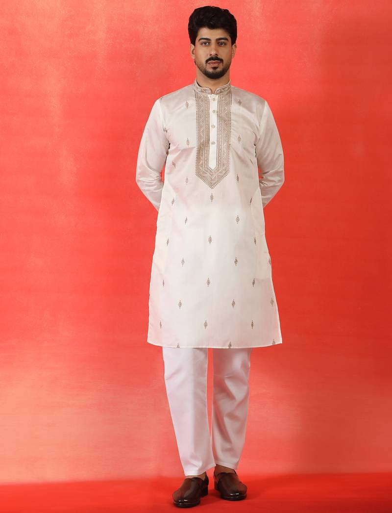 Cotton silk yoke design embroidered white kurta